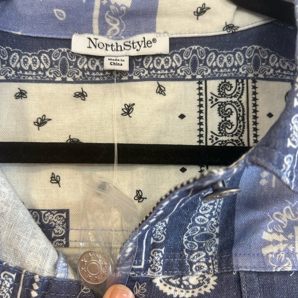Northstyle Women’s Patchwork Paisley Button Up Jean Jacket Collared Artsy Blue L - Picture 3 of 8